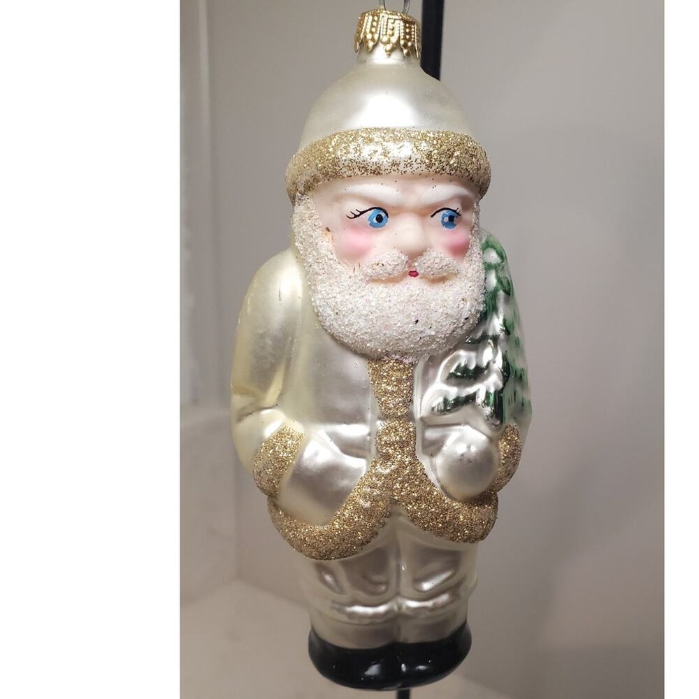 Vintage Lauscha Glas Creation Santa Claus Krebs Blue Eyed Ornament White Gold
